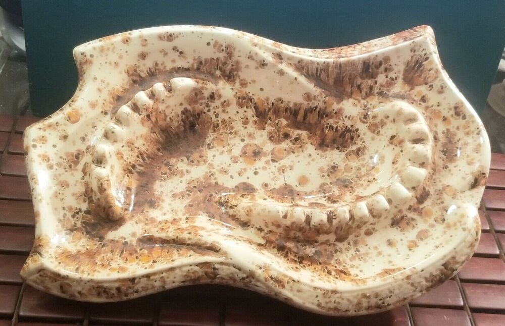 Vintage Midcentury Ceramic Communal Ashtray Brown & Cream 14"x9"x3"